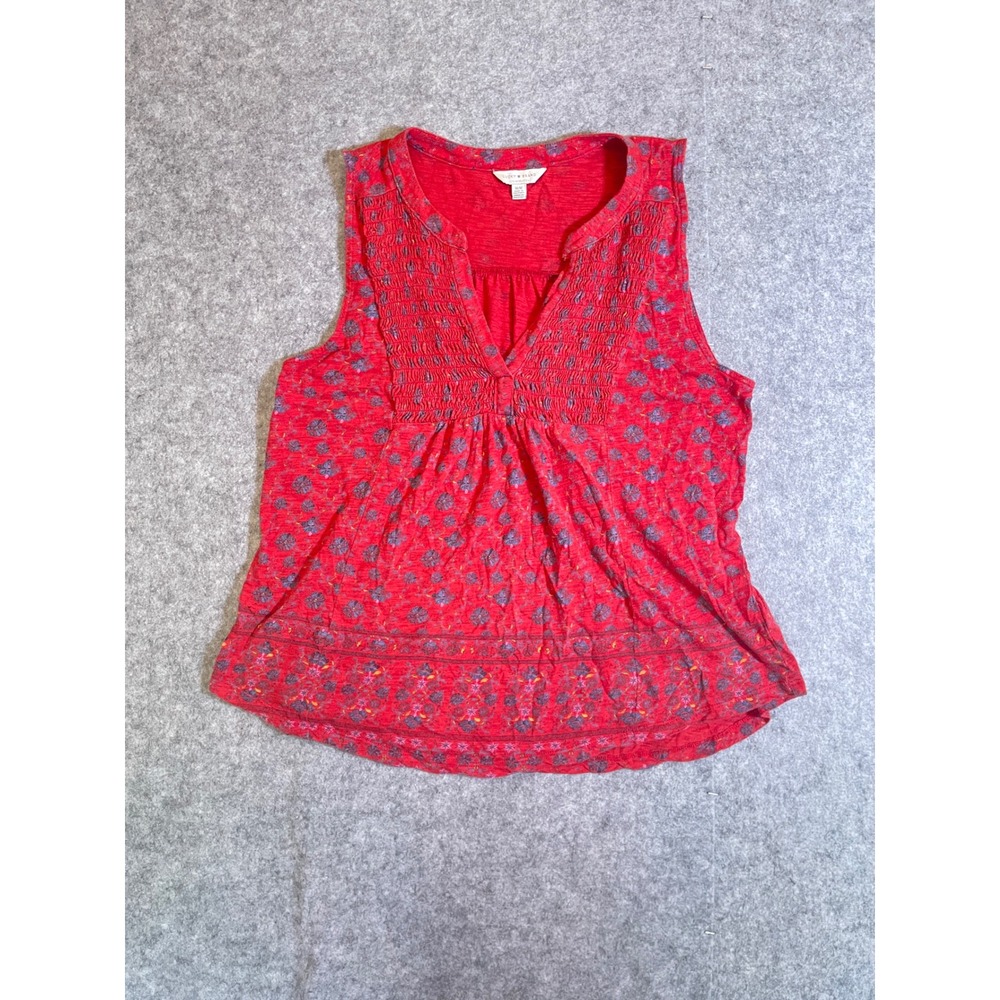 Lucky Brand Womens Red Floral Smocked V-Neck Sleeveless Blouse Top Medium
